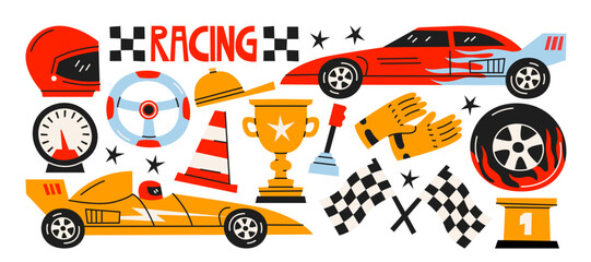 Racing cars and motorsport sticker set in retro cartoon style. Speed, trophy, flags, helmet, gloves and cones for auto competition and championship design. Sport collection about drive and victory © Limpreom