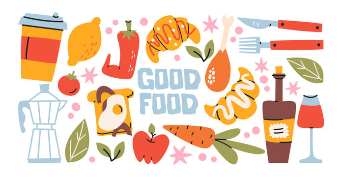 Breakfast food stickers in retro cartoon style. Croissant, coffee cup, pepper, sausage, vegetables, wine glass, moka pot and kitchen utensils. Cozy cafe food elements, trendy cooking shapes