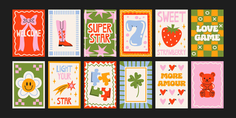 Cartoon bright posters in retro style 90s. Wall decor, cute banners of summer, disco, plants, fruits, lucky, cocktails in the minimalist style. Decor of wallpaper, placard and postcards © Limpreom