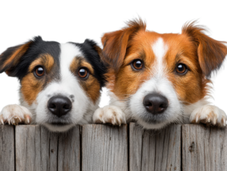 Pals over the fence: Two charming canine companions, a pair of happy dogs peering playfully over a weathered wooden fence. A heartwarming scene of friendship and canine connection.