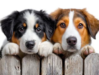 Puppy Companions: Two adorable puppies peek over a wooden fence, their expressive eyes conveying a sense of curiosity and playfulness. The image captures the bond of friendship and innocence