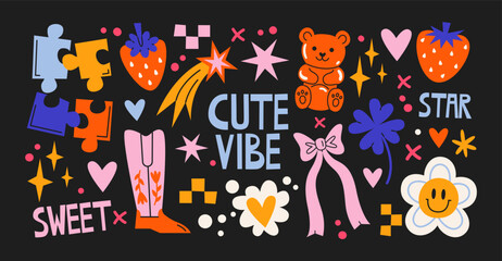 Fototapeta premium Cartoon doodle y2k patches, labels, tags, stickers, stamps in retro. Groovy cute stickers in funky hipster grunge 90s style. Vector set, trendy promo labels