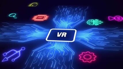Futuristic virtual reality technology background with neon circuit board and vr digital icons, perfect for tech presentations and gaming intros. - Powered by Adobe