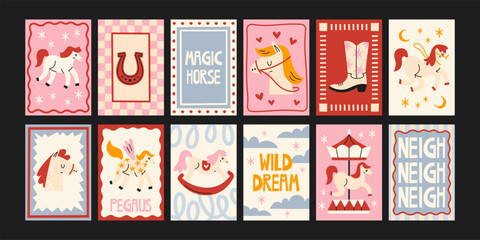 Naklejka premium Pegasus and magic horse posters in retro cartoon style. Mythical postcards: winged horses, stars, clouds. Enchanted pony collection with fantasy creatures, dreamy accents and playful mystical motifs