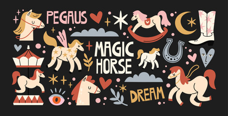 Naklejka premium Pegasus and magic horse pets in retro cartoon style. Mythical elements: winged horses, stars, clouds. Enchanted pony collection with fantasy creatures, dreamy accents and playful mystical motifs