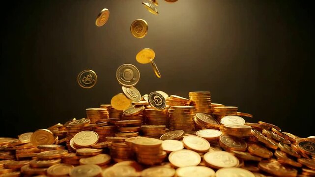Golden coins falling onto a large pile of gold coins on a dark surface viewed from the side in a dramatic scene inspired by 170304(66)