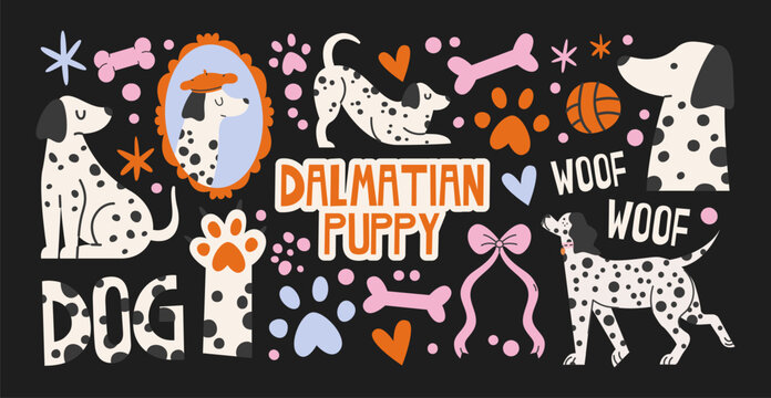 Dalmatian puppy characters in retro cartoon style. Dog elements: dalmatians, paws, bones. Playful canine collection with dotted puppies and accessories for pet visuals and friendly animal mascot 