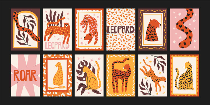 Leopard posters in retro cartoon style. Wild feline cards, spotted cats, tropical leaves, roaring safari animals, decorative frames and patterns. Exotic wildlife prints, jungle animal poster pack