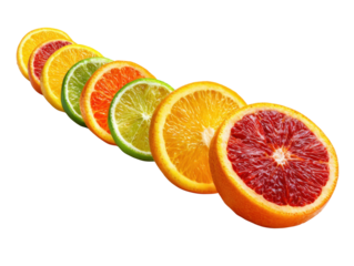 Citrus Slices Spectrum: A vibrant collection of citrus fruit slices arranged in a diagonal line, showcases the vivid colors and textures of nature's bounty.