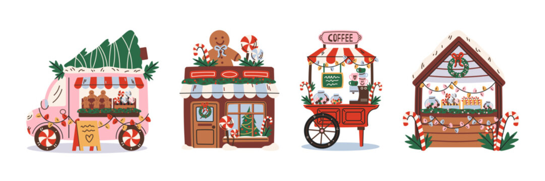 Christmas market booth compositions in retro cartoon style. Festive kiosks, food trucks, mulled wine stalls, cookie shops with cozy holiday decorations, winter fair vibes, joyful seasonal atmosphere