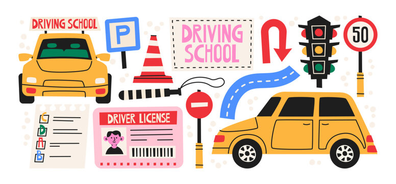 Driving school training stickers set with cars, road signs, traffic lights, driver license details in cartoon style. Learning to drive elements, parking icons, exam symbols. education for beginners