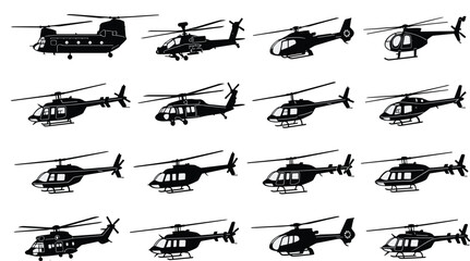 Helicopter silhouette set, military and civilian aircraft collection, aviation chopper icons for rescue, transport, patrol, emergency service, air travel, and flight design