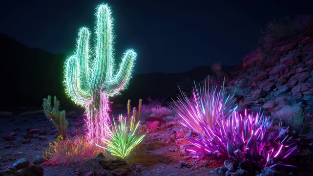 Neon glowing cacti and desert plants in a dark landscape, 4k video