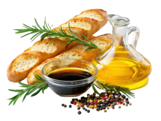 Artisanal Flavors: A still life of fresh bread, rosemary sprigs, balsamic vinegar, olive oil, and peppercorns invites the viewer to savor the pure, authentic flavors of artisan ingredients.