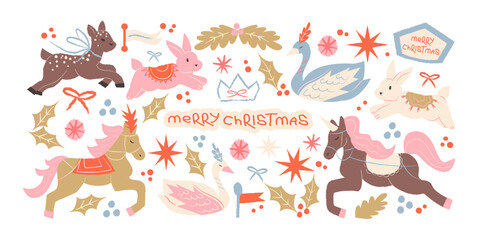 Fototapeta premium Christmas festive animal characters in retro cartoon style. Reindeer, horses and rabbits with stars, ribbons and holiday symbols, cozy winter mood inspired by folk tales and vintage postcards