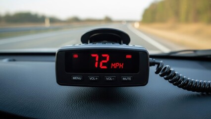 Automotive radar detection device displaying digital speed data on a blurred highway background