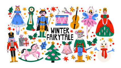 Obraz premium Winter fairytale Christmas stickers in retro cartoon style. Nutcracker characters, fairy figures, toys and festive symbols creating a cozy holiday story, magical winter mood and nostalgic celebration 