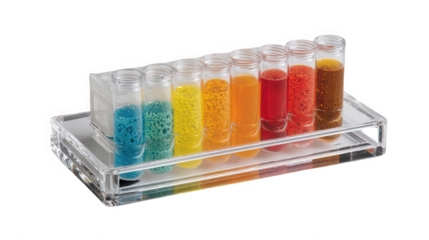 Colorful laboratory test tubes filled with vibrant beads and liquids displayed in a clear acrylic rack on transparent background