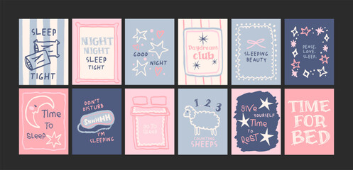 Cartoon good night posters. Cozy pajamas, bed, pillows, moon, bedtime. Trendy night illustrations in doodle retro style. Banners for wall and gift cards © Limpreom