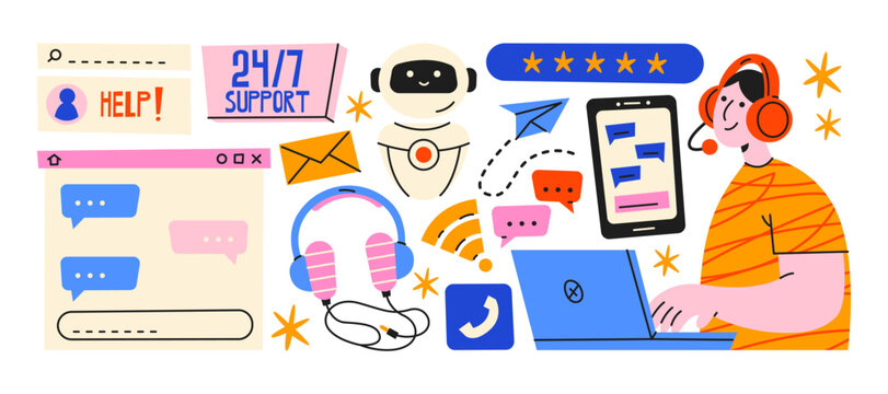 Customer support service stickers in retro cartoon style. Help desk agent, chatbot assistant and communication tools with messages, laptop and phone interface, friendly tech support atmosphere, online