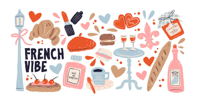 French vibe stickers in retro cartoon style. Collection with croissants, baguettes and cheese as traditional French bakery elements. Trendy illustration set about Paris, romance and cozy lifestyle.