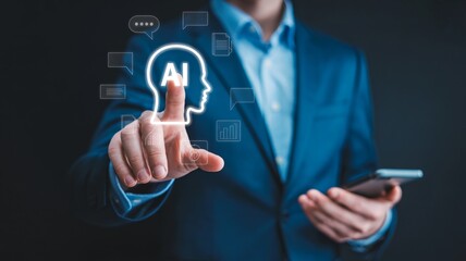 Businessman interacting with artificial intelligence interface on smartphone, futuristic technology concept with ai head icon and chat bubbles, innovation and digital