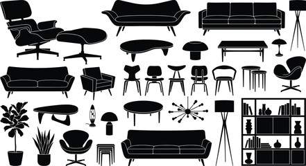 Modern furniture silhouettes, mid-century chairs, sofas, tables, lamps, bookshelves, home decor icons, interior design elements, stylish living room illustration set © Ashadujjaman