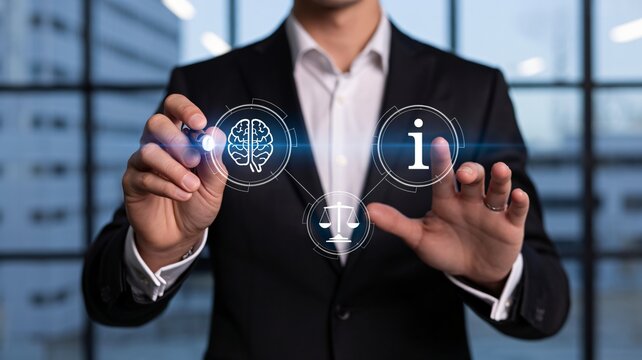Businessman in suit presenting digital icons for brain, information and justice in modern office setting with futuristic interface - Powered by Adobe
