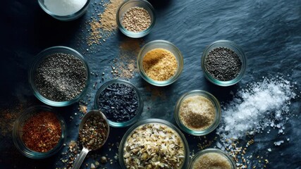 Assortment of spices, seeds, and salts in glass bowls on dark surface, 4k video