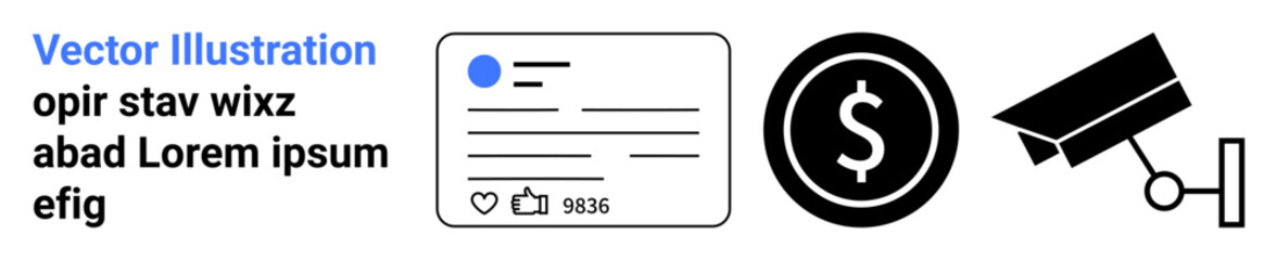 Obraz premium Social media, finance, privacy, surveillance, digital monitoring, online interaction. A social media card, dollar sign and security camera are . Privacy and surveillance concepts