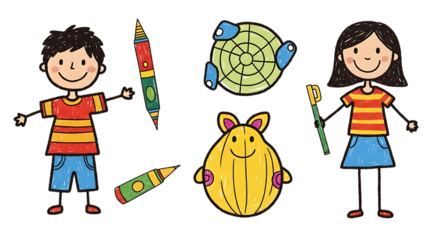 Children holding crayons with cartoon characters on white isolated on transparent background