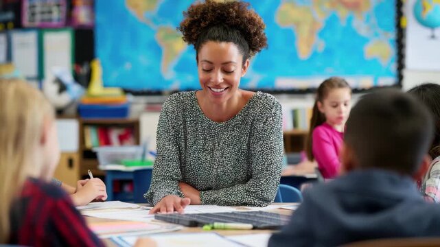 Engaged elementary school teacher leading a small group lesson with diverse students around a table in a classroom setting, 4k video