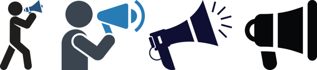 Obraz premium Megaphone icon collection with various styles and designs on a white background for effective communication.Four Black Silhouette Megaphone Icons on White Background bullhorn loudspeaker