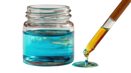 Glass bottle of blue liquid with a dropper full of yellow liquid on transparent background