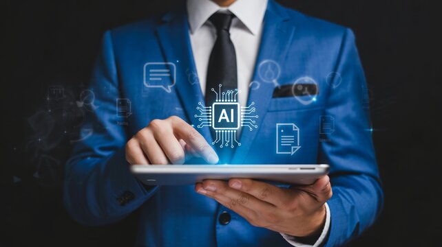 Businessman in blue suit interacting with tablet displaying ai technology icons on dark background - Powered by Adobe