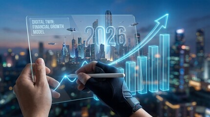 A professional business woman uses her finger to touch a virtual screen, drawing an innovation graph that represents digital data and global network communication in a high-tech future