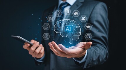 Businessman holding smartphone with artificial intelligence brain and icons floating above his hand in dark background