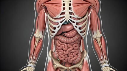 Detailed 3D Illustration of Human Torso Showing Superficial Muscles, Rib Cage, Spine and Exposed Digestive Organs Including Stomach, Small Intestine and Large Intestine for Anatomy, Physiology and Med