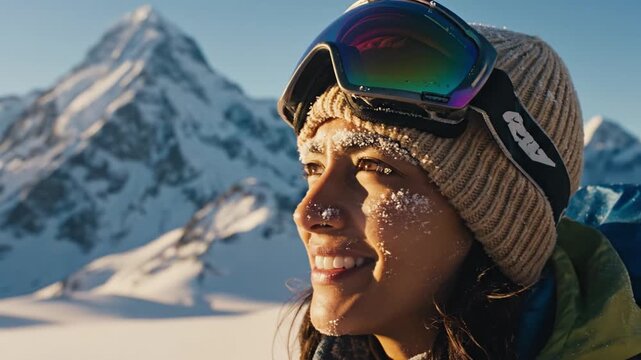 Close up of female skier adjusting goggles on a snowy peak. A sunny winter day conveying adventure and freedom. Perfect for winter sports, travel, and lifestyle campaigns.