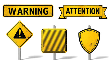 Set of yellow warning signs on transparent background isolated
