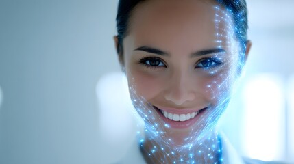Smiling woman with glowing blue digital interface on her face, futuristic concept.