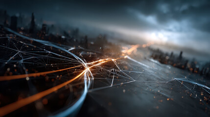 A futuristic cityscape with glowing lines representing data flow. Dark clouds loom over the skyline, creating a dramatic atmosphere.