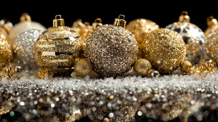 A collection of shiny gold and silver Christmas ornaments arranged on a reflective surface. The scene captures the festive spirit of New Year and Christmas celebrations.
