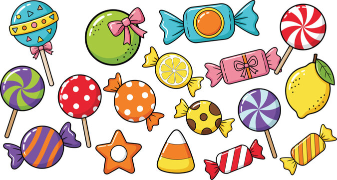 Colorful candy and lollipop vector collection with wrapped sweets, fruit candies and cute dessert icons for kids design