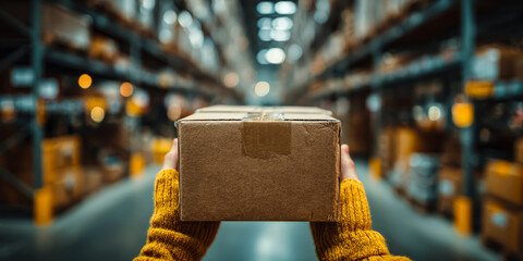 A person holds a cardboard parcel in a warehouse. Shelves filled with boxes are visible in the background, indicating a busy delivery environment.
