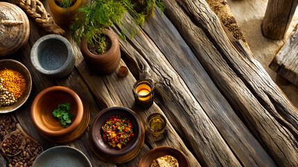 A rustic wooden table displays various clay pots filled with colorful spices and herbs. The setting is warm and inviting, showcasing natural textures and earthy tones.