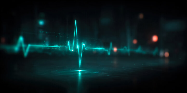 A digital representation of a heartbeat monitor displaying an electrocardiogram (ECG) line in teal against a dark background. The scene conveys medical technology and health monitoring. - Powered by Adobe