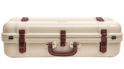 High quality hard shell beige suitcase or storage case with metal latches and handle on transparent background. on transparent background