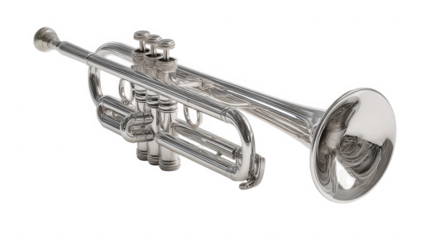 Shiny silver trumpet with valves and bell, commonly used in jazz and classical music performances on transparent background. on transparent background