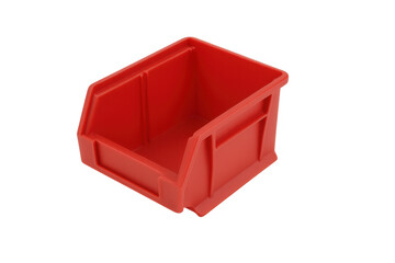 Red plastic storage bin for industrial organization